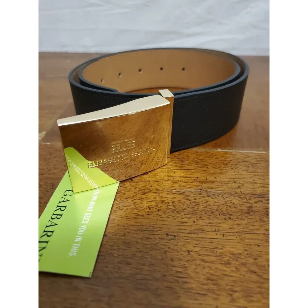 Elisabetta Franchi Black Wide Leather Belt Logo Gold Buckle Size 42 NWT New